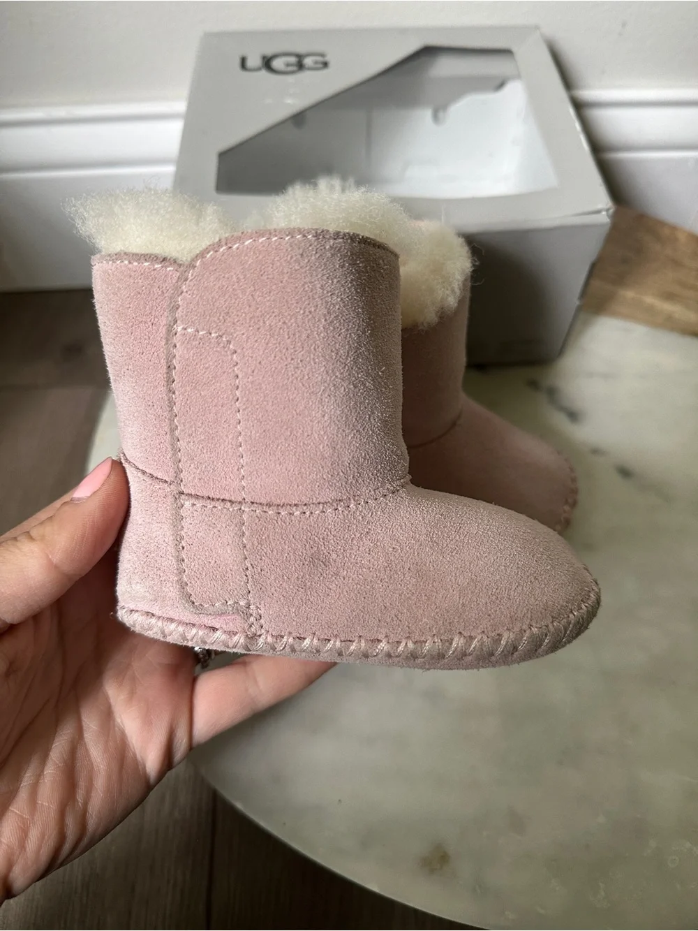 UGG Caden Baby Boots Booties Seashell Pink Suede Sheepskin Lining Infant 6-12 M